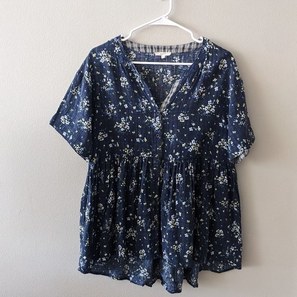 MYSTREE Blue Floral Short Sleeve Babydoll Top - Size Small - Picture 1 of 7